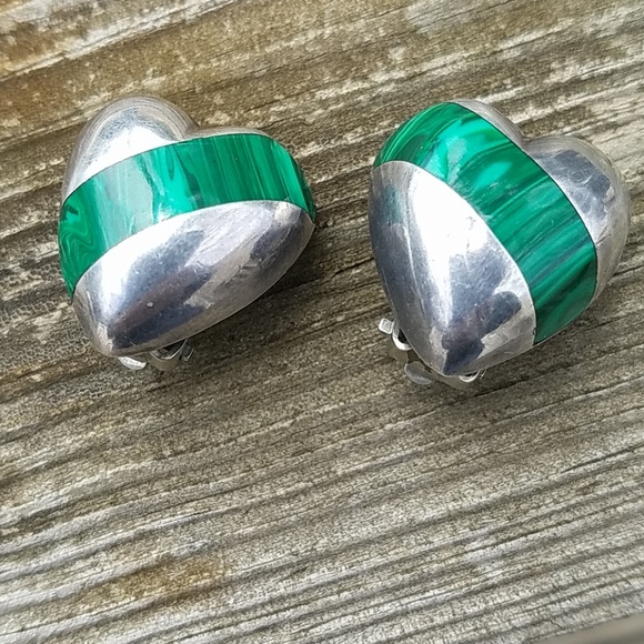 Vintage Jewelry - Vintage Mexico Sterling Malachite Inlay Earrings